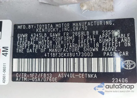 2011 Toyota Camry Le из США, поврежденный, VIN 4T1BF3EKXBU173003